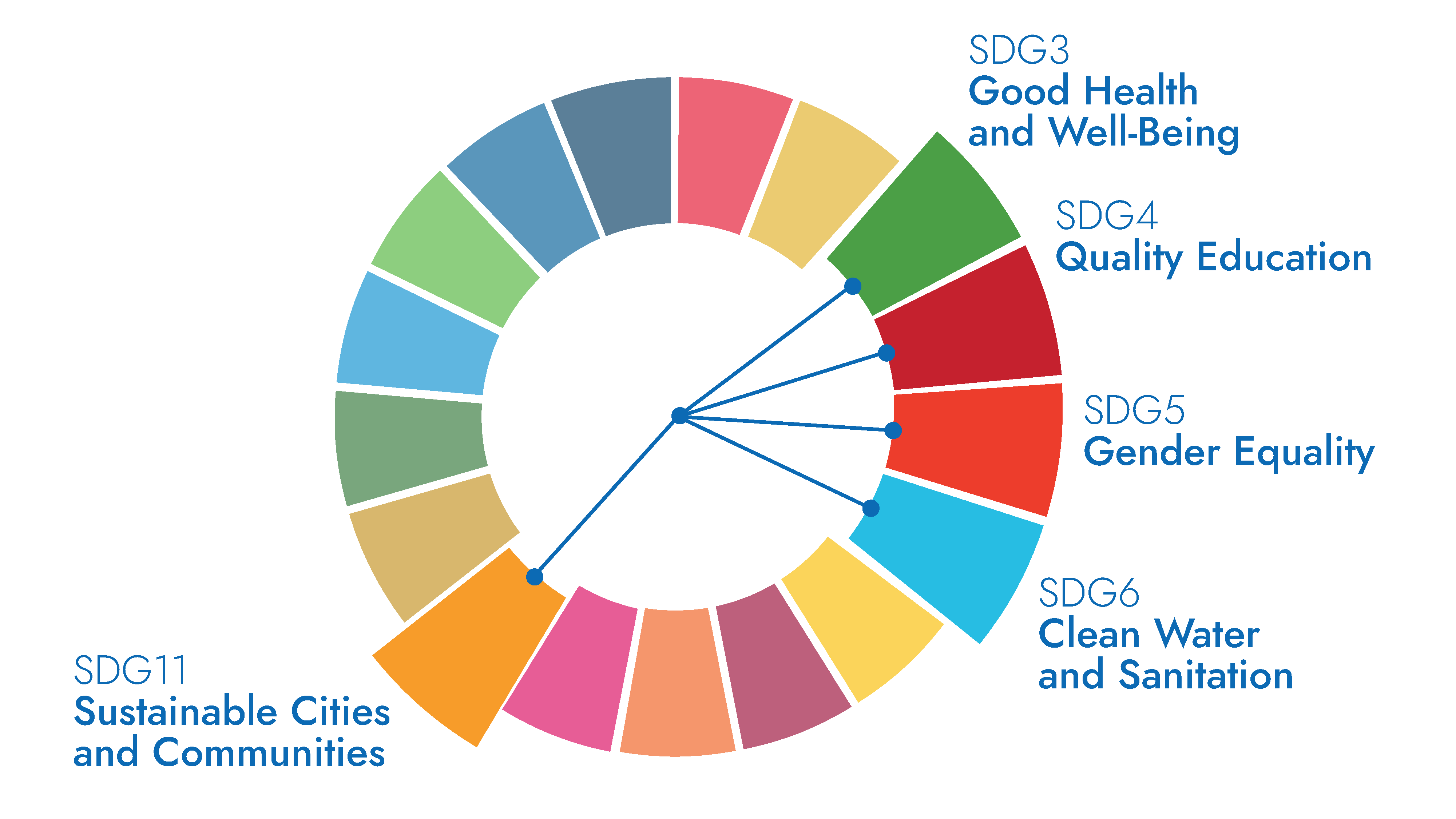 SDG wheel showing connections between toilets and SDG3, SDG4, SDG5, SDG6 and SDG11